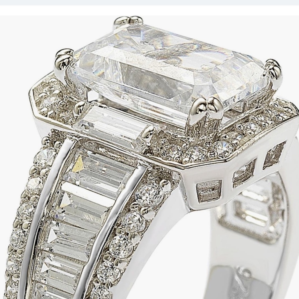 SUZY LEVIAN Sterling Silver Emerald Cut Round Cut CZ GORGEOUS! Engagement Ring